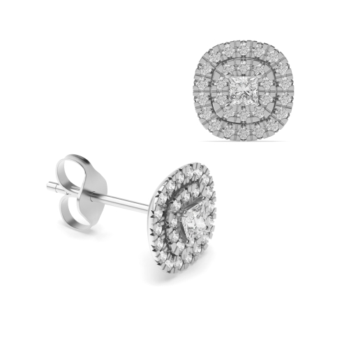 Princess Shape Double Row Stud Halo Diamond Earrings Available in White, Yellow, Rose Gold and Platinum