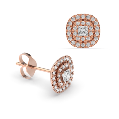 4 Prong Princess Rose Gold Double row Stud Diamond Earrings