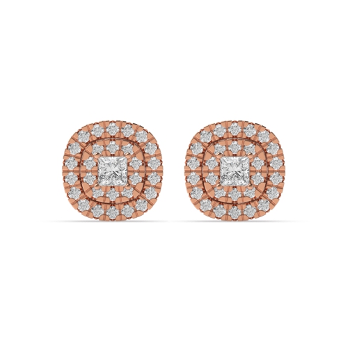 4 Prong Princess Rose Gold Double row Stud Diamond Earrings