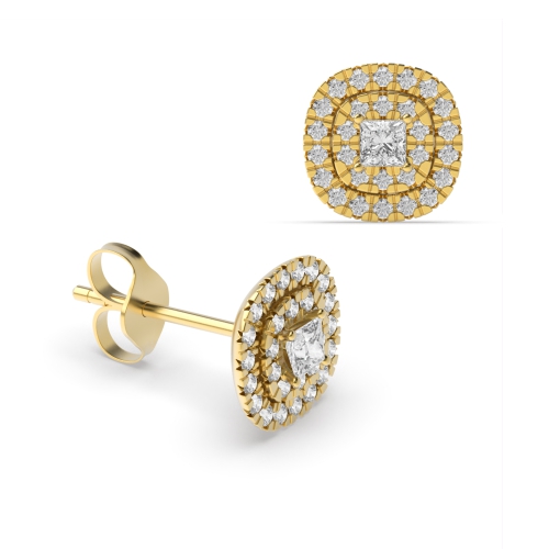 4 Prong Princess Yellow Gold Double row Stud Diamond Earrings