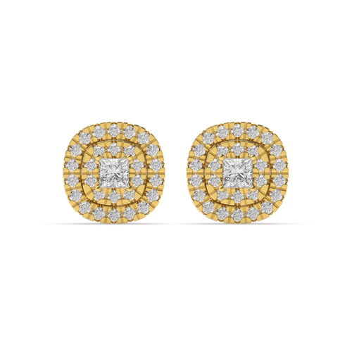 4 Prong Princess Yellow Gold Double row Stud Diamond Earrings