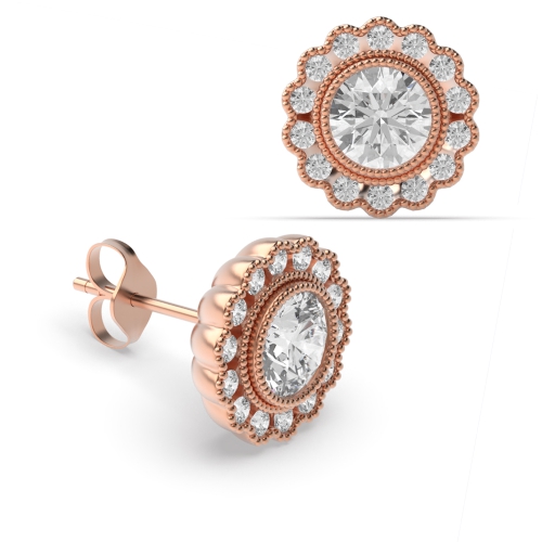 4 Prong Round Rose Gold Flower milligrain Stud Diamond Earrings