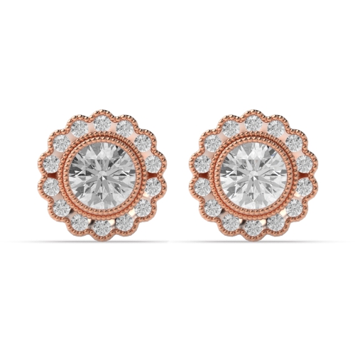 4 Prong Round Rose Gold Flower milligrain Stud Diamond Earrings