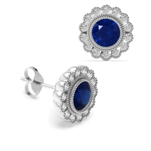 4 Prong Round Flower milligrain Blue Sapphire Diamond Earrings