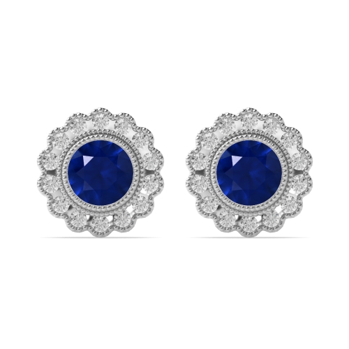 4 Prong Round Flower milligrain Blue Sapphire Diamond Earrings