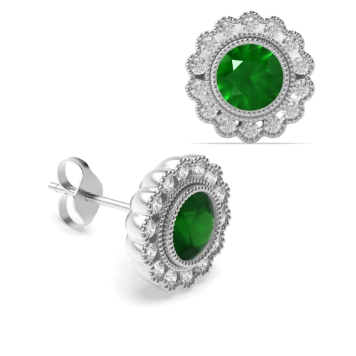 4 Prong Round Flower milligrain Emerald Diamond Earrings
