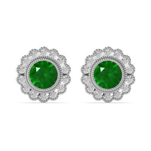 4 Prong Round Flower milligrain Emerald Diamond Earrings
