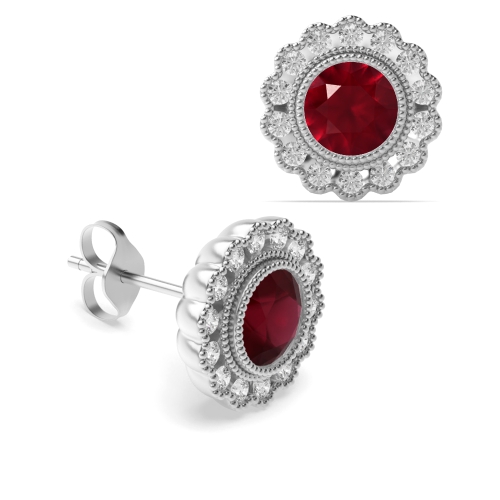 4 Prong Round Flower milligrain Ruby Diamond Earrings