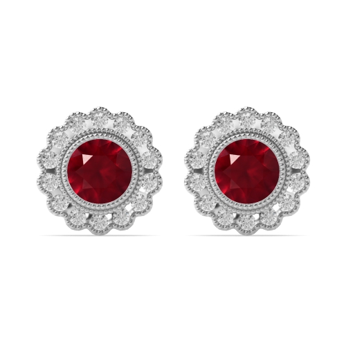 4 Prong Round Flower milligrain Ruby Diamond Earrings