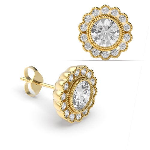 4 Prong Round Yellow Gold Flower milligrain Stud Diamond Earrings