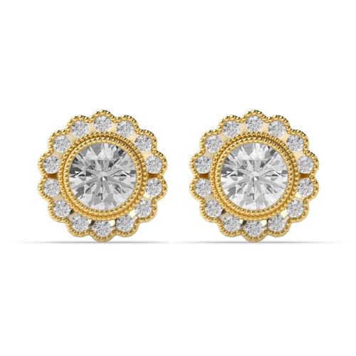 4 Prong Round Yellow Gold Flower milligrain Stud Diamond Earrings