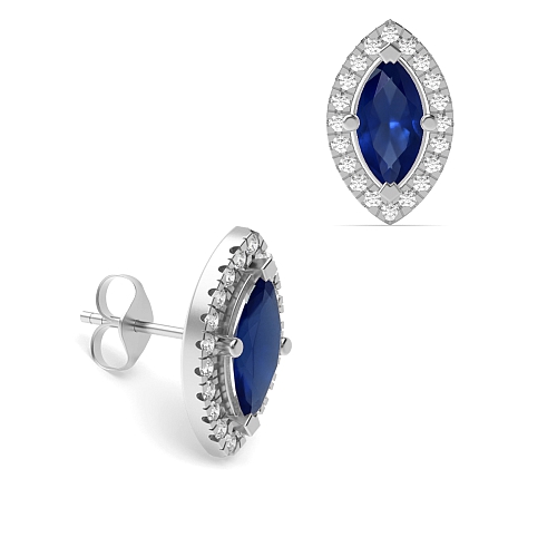 4 Prong Marquise Halo Blue Sapphire Diamond Earrings