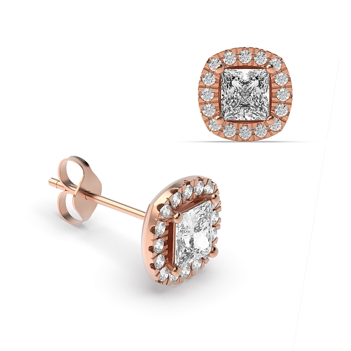 4 Prong Princess Rose Gold Cushion shaped halo Stud Diamond Earrings