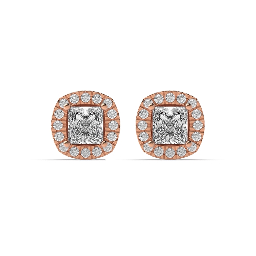 4 Prong Princess Rose Gold Cushion shaped halo Stud Diamond Earrings