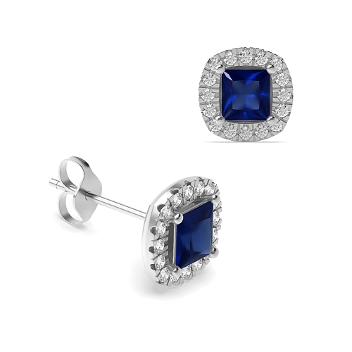 4 Prong Princess Cushion shaped halo Blue Sapphire Diamond Earrings