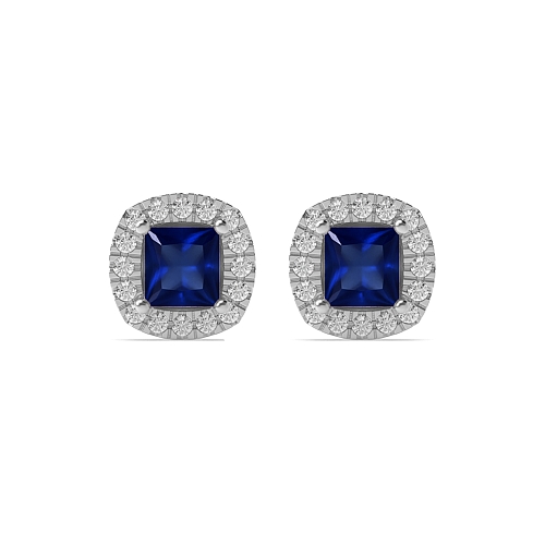 4 Prong Princess Cushion shaped halo Blue Sapphire Diamond Earrings