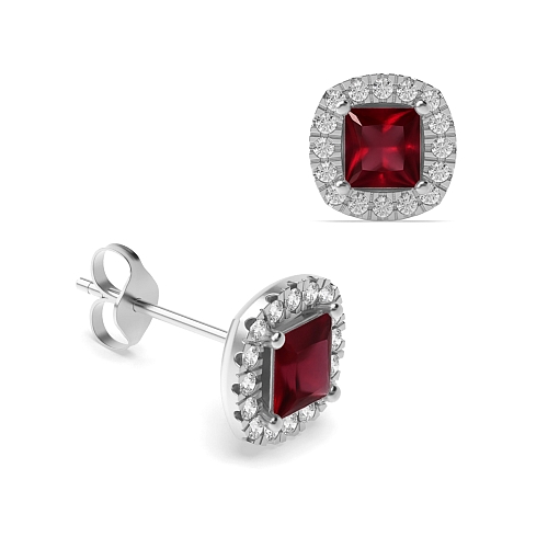 4 Prong Princess Cushion shaped halo Ruby Diamond Earrings