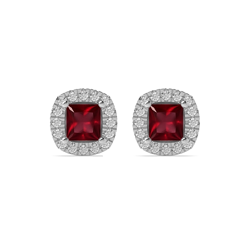 4 Prong Princess Cushion shaped halo Ruby Diamond Earrings