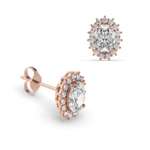 Prong Setting Oval Shape Halo Diamond Earrings Available in White, Yellow, Rose Gold and Platinum