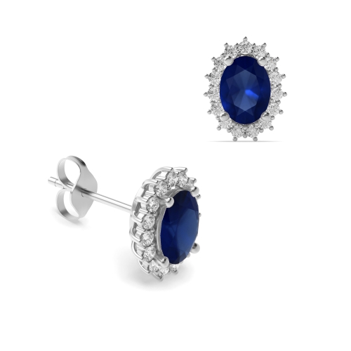 4 Prong Oval Dainty Blue Sapphire Diamond Earrings