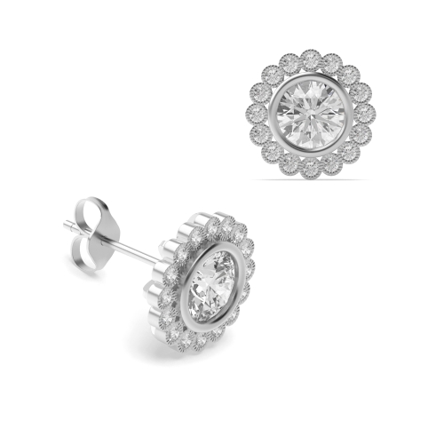 Round Shape Milligrain Halo Diamond Earrings Available in White, Yellow, Rose Gold and Platinum