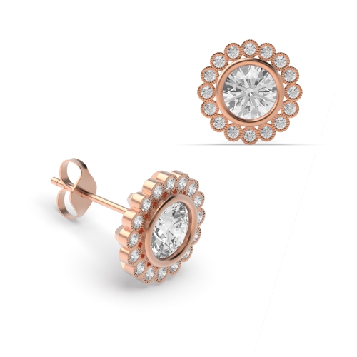 Bezel Setting Round Rose Gold Milligrain Stud Diamond Earrings