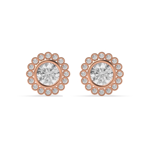Bezel Setting Round Rose Gold Milligrain Stud Diamond Earrings