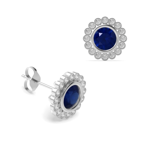 Bezel Setting Round Milligrain Blue Sapphire Diamond Earrings