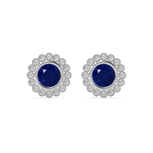 Bezel Setting Round Milligrain Blue Sapphire Diamond Earrings