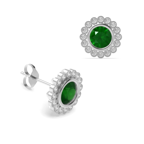 4 Prong Round Milligrain Emerald Diamond Earrings