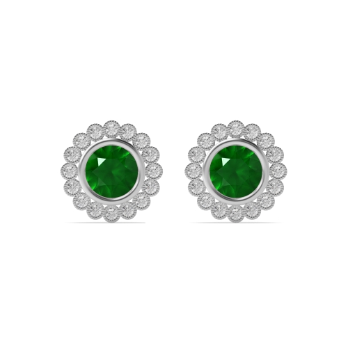 4 Prong Round Milligrain Emerald Diamond Earrings