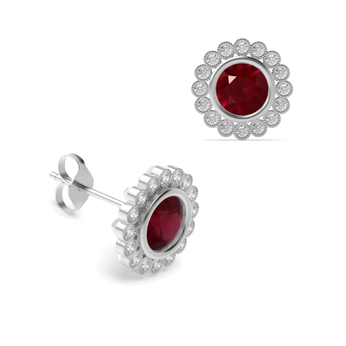 Bezel Setting Round Milligrain Ruby Diamond Earrings