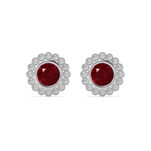 Bezel Setting Round Milligrain Ruby Diamond Earrings
