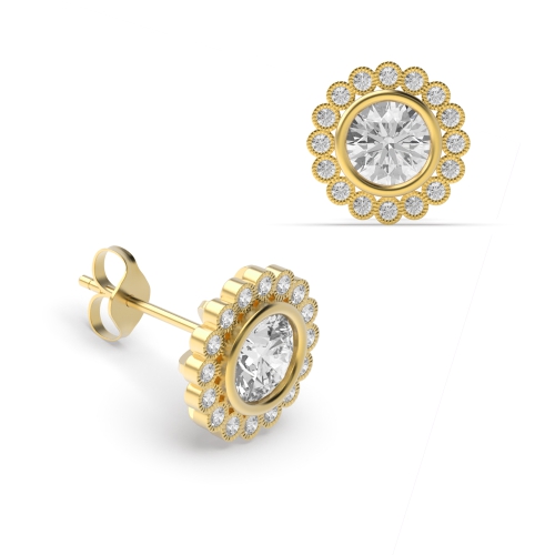 Bezel Setting Round Yellow Gold Milligrain Stud Diamond Earrings