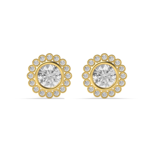 Bezel Setting Round Yellow Gold Milligrain Stud Diamond Earrings