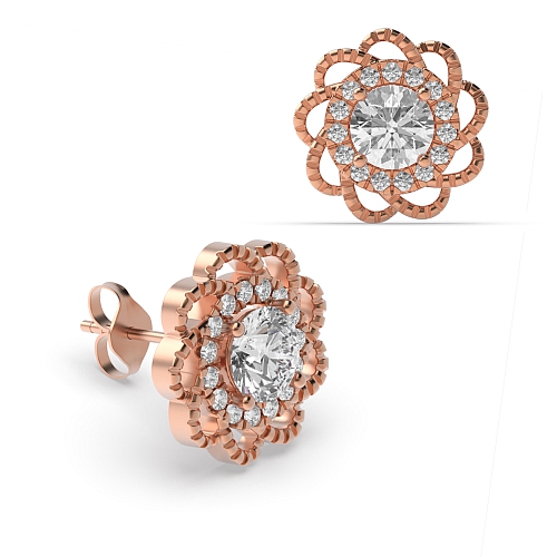 4 Prong Round Rose Gold Flower style Stud Diamond Earrings