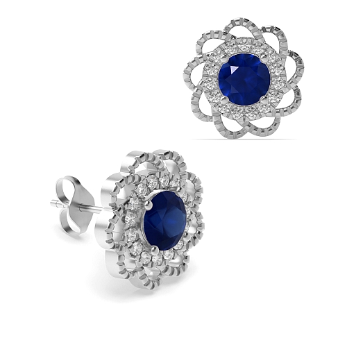 4 Prong Round Flower style Blue Sapphire Diamond Earrings