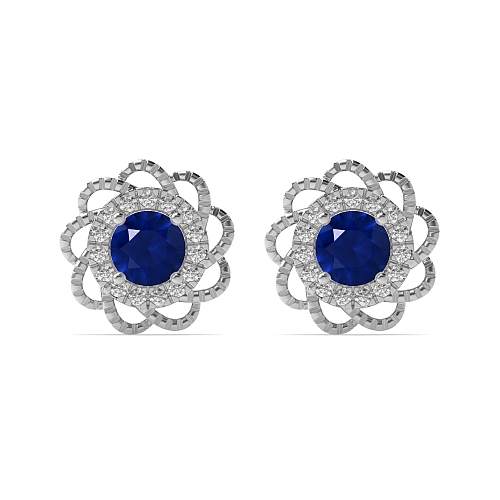 4 Prong Round Flower style Blue Sapphire Diamond Earrings