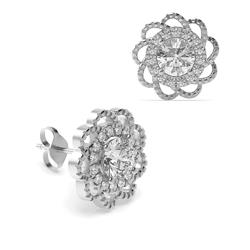 4 Prong Round Silver Flower style Halo Diamond Earrings