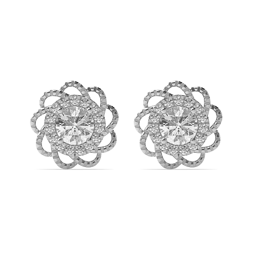 4 Prong Round Silver Flower style Halo Diamond Earrings