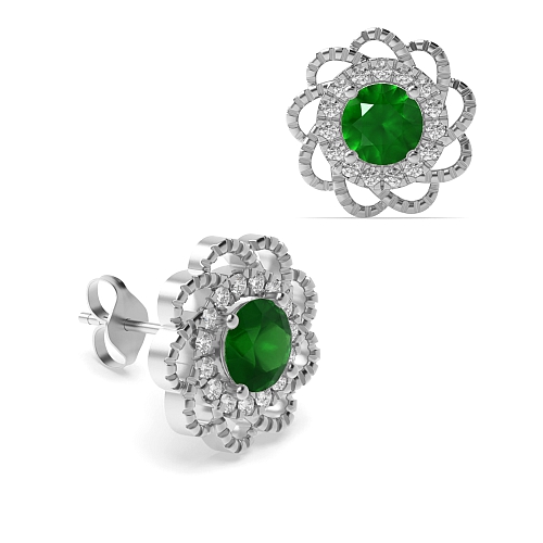 4 Prong Round Flower style Emerald Diamond Earrings