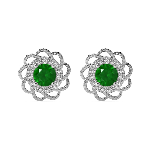 4 Prong Round Flower style Emerald Diamond Earrings
