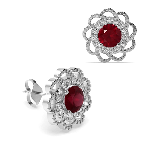 4 Prong Round Flower style Ruby Diamond Earrings