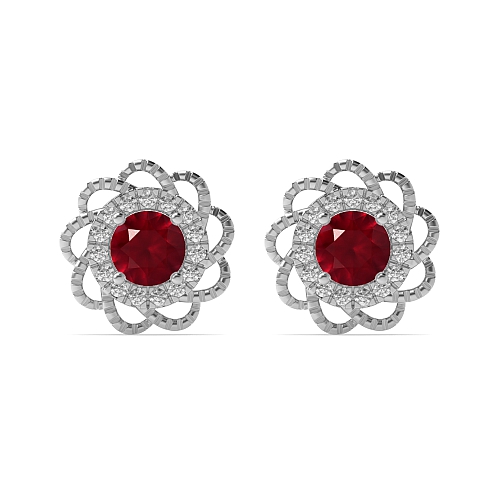 4 Prong Round Flower style Ruby Diamond Earrings