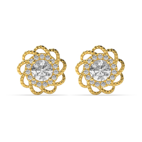 4 Prong Round Yellow Gold Flower style Stud Diamond Earrings