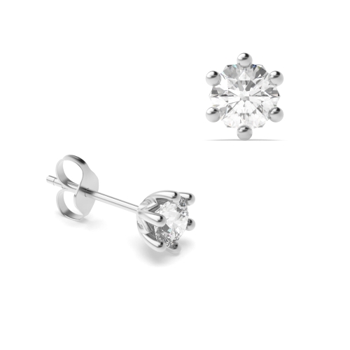 6 Prong Round Silver Crown Diamond Earrings