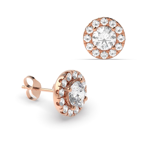 4 Prong Round Rose Gold Halo Stud Diamond Earrings