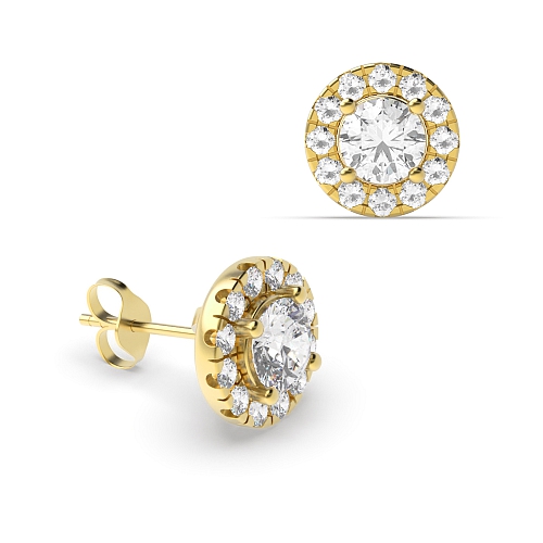 4 Prong Round Yellow Gold Halo Stud Diamond Earrings