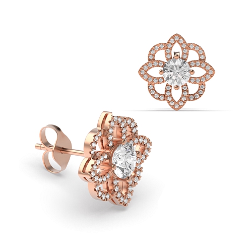 4 Prong Round Rose Gold Flower style halo Stud Diamond Earrings