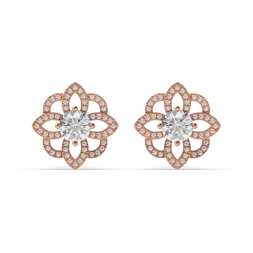 4 Prong Round Rose Gold Flower style halo Stud Diamond Earrings
